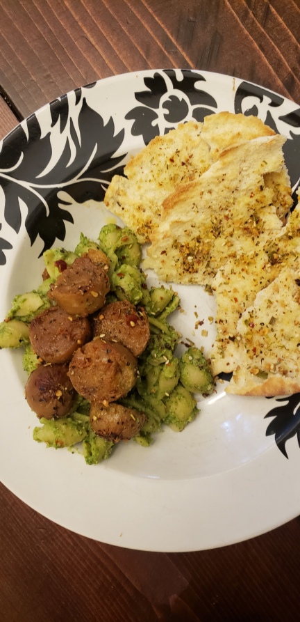 Field Roast sausages in a pesto pasta dish
