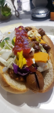 Loaded hot dog made with Field Roast's Frankfurters